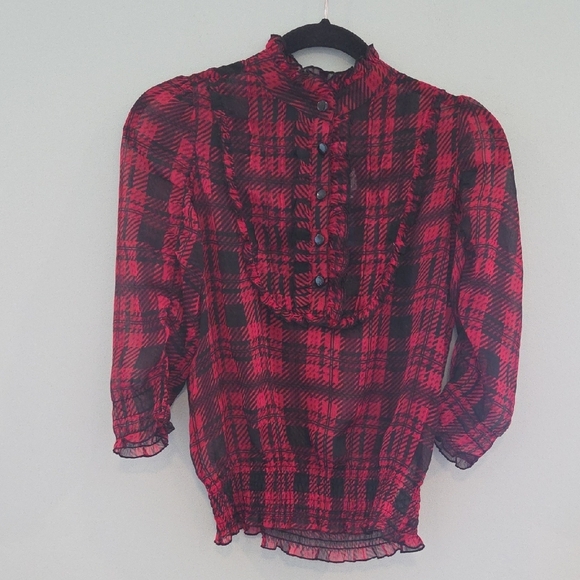 Miley Cyrus Max Azria Red and Black Plaid Shirred Blouse Size XS - Picture 1 of 9